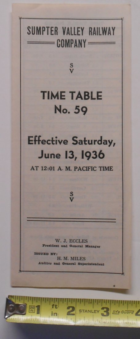 Sumpter Valley Employee Timetable #59: A narrow gauge line that is well known for their lumber operations. This is issue #59 dated 6/13/36. It has a cover and 2 interior pages of information.