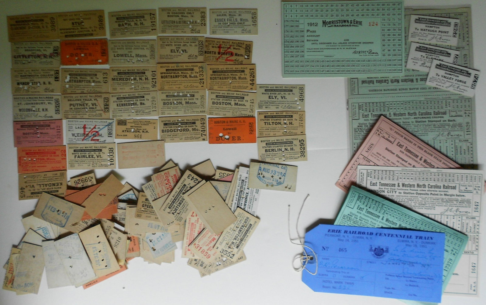 Boston & Maine Railroad Tickets: Group of odd sized Boston & Maine Railroad tickets and another unusual group of East Tennessee & Western North Carolina Railroad tickets.