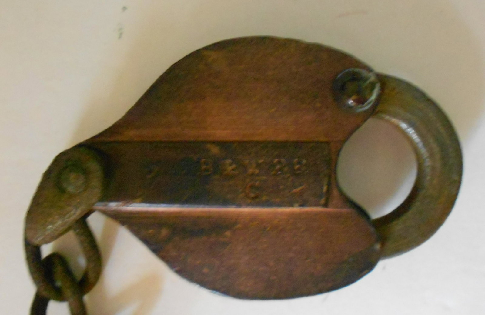 Boston & Worcester Railroad Car Lock: Boston & Worcester Railroad "C"ar lock. Made by S. C. Thompson in Newark, New Jersey. It has a "43" stamped on the shoulder. The shackle has some corrosion. A screw has replaced the original pin. An u