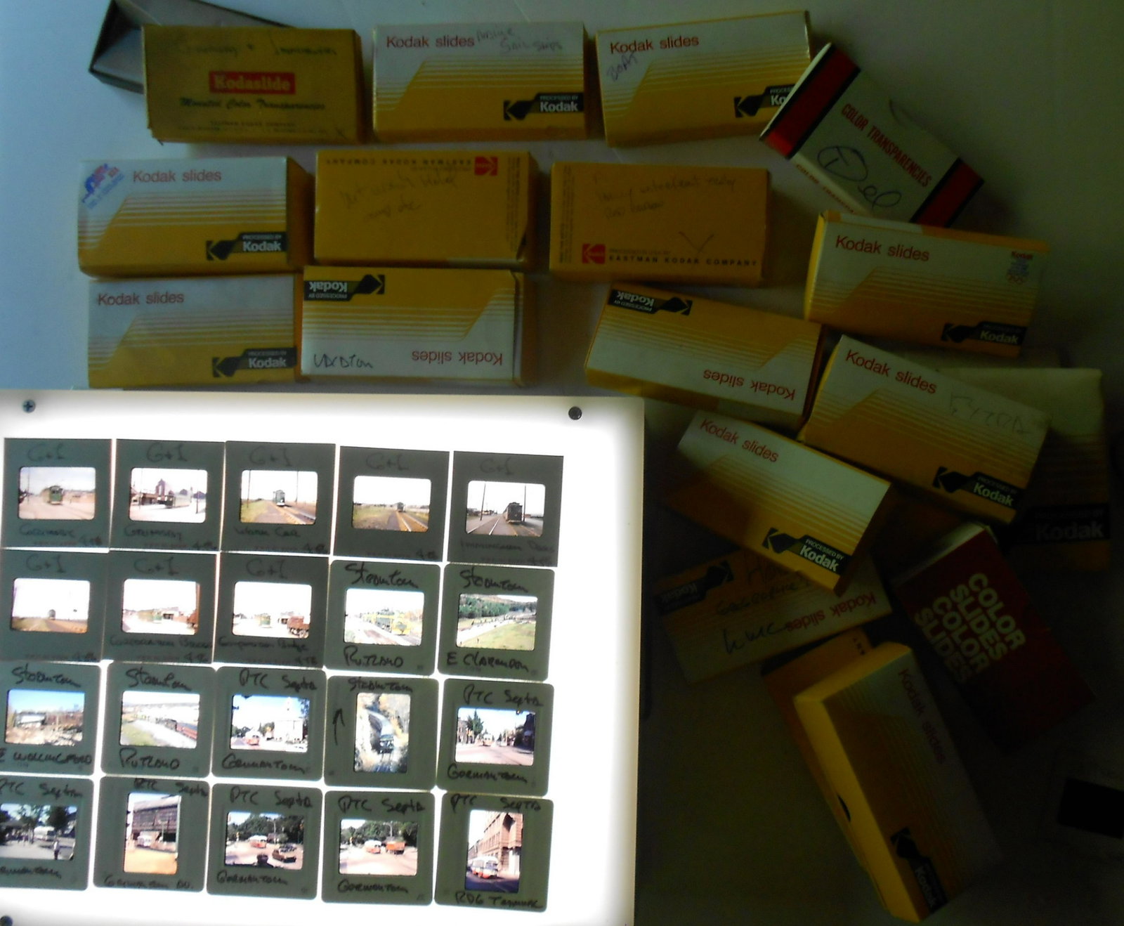 Alan Thomas Color Photo Slides - Mixed: From the Alan Thomas collection a group of color slides with mixed subjects (ship, trolley, electric, railroad) from diverse locations. Not all boxes are full. I think there are about 400 in total. So