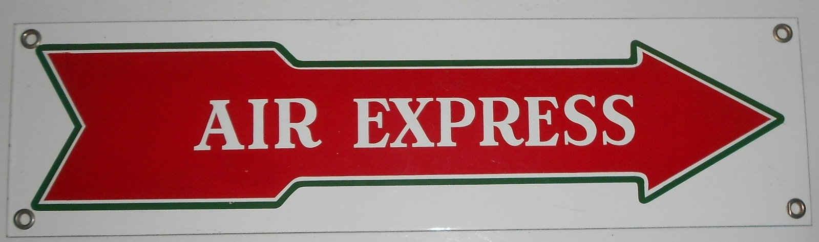 Air Express Porcelain Sign "Arrow": Porcelain sign made for the Air Express Company. Single sided, it measures 23" by 6 1/2". It has 4 mounting holes and it's got red and green. Very clean. It points right.