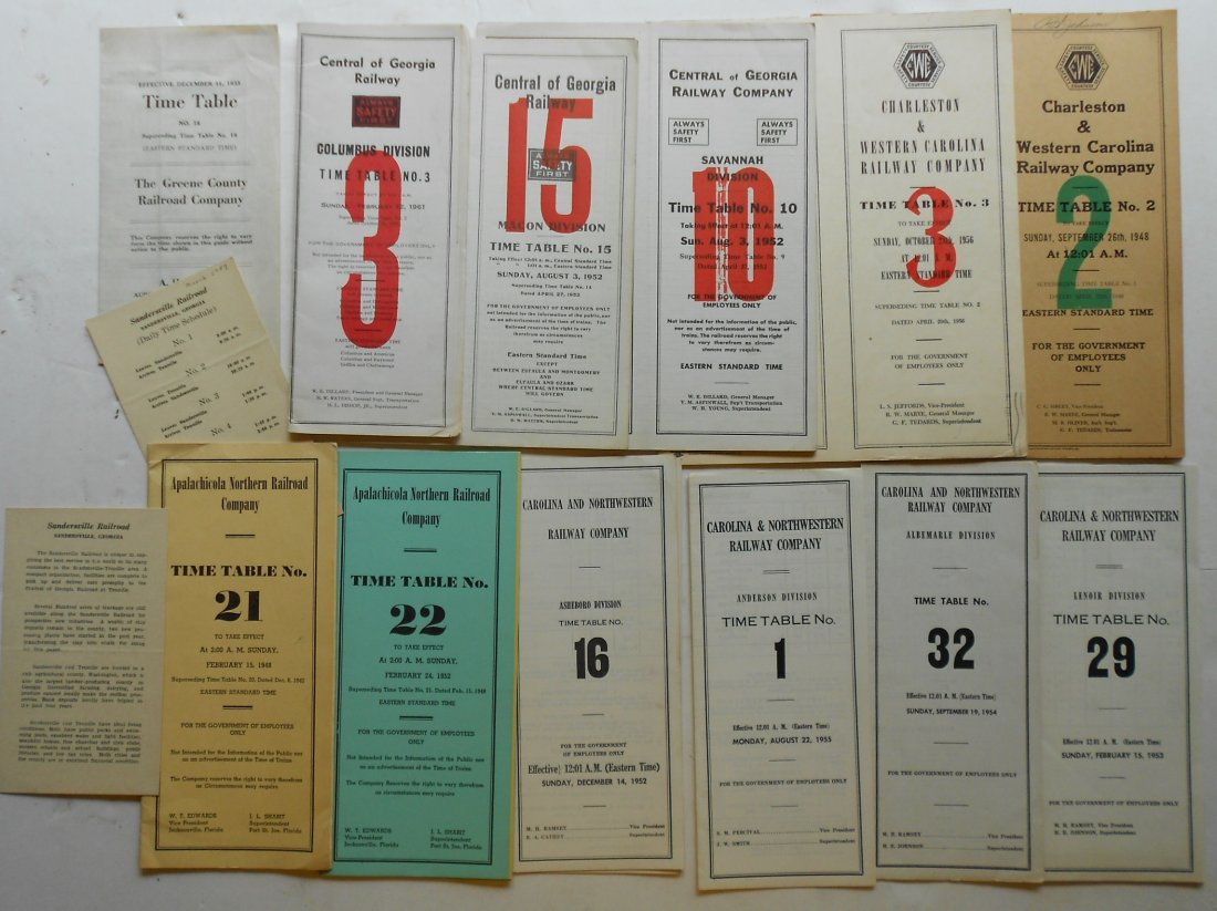 Railroad Employee Timetables (14): Group of about 14 employee timetables that includes: 2 Sandersville time cards, Greene County 1933, Central of Georgia '52 & '52 & '61, Charleston & Western Carolina '48 & '56, Apalachicola '48 & '52,