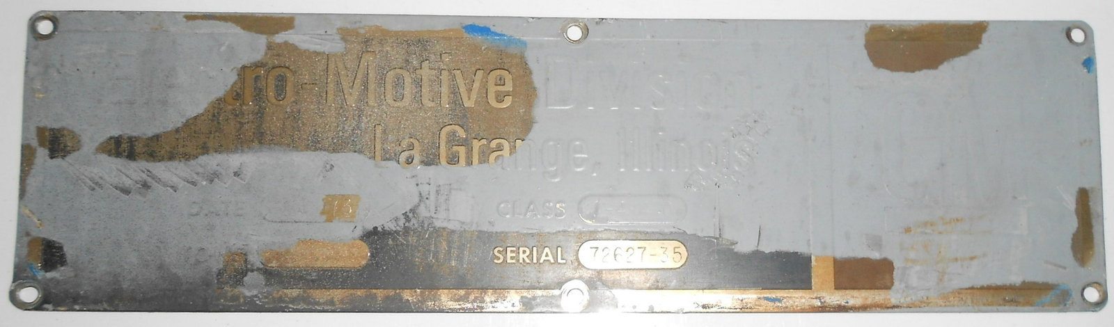 EMD Builder's Plate PC GP38-2 8074 #72627-35: A General Motors (Electro Motive Division) diesel locomotive builder's plate from Penn Central Railroad GP38-2 number 8074. This is EMD serial number 72627-35. This is a standard rectangle plate with 