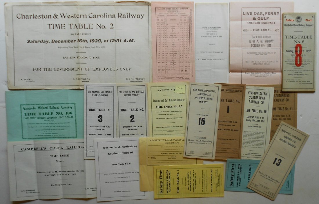 Railroad Employee Timetables (19): Large group of employee timetables from the South: Charleston & Western Carolina 1939, Tallulah Falls, Lie Oak Perry & Gainesville Midland 1947, Atlantic & Danville '51 & '56, Taveres & Gulf 1952, Hig