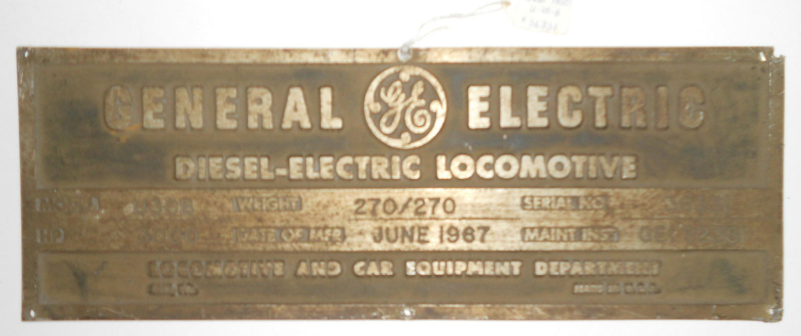 GE U30-B Builder's Plate N&W #36331: A General Electric diesel electric locomotive builder's plate with serial number 36331 which was a Norfolk & Western Railway U30-B with a road number of 1950. It has a build date of June 1967. It meas