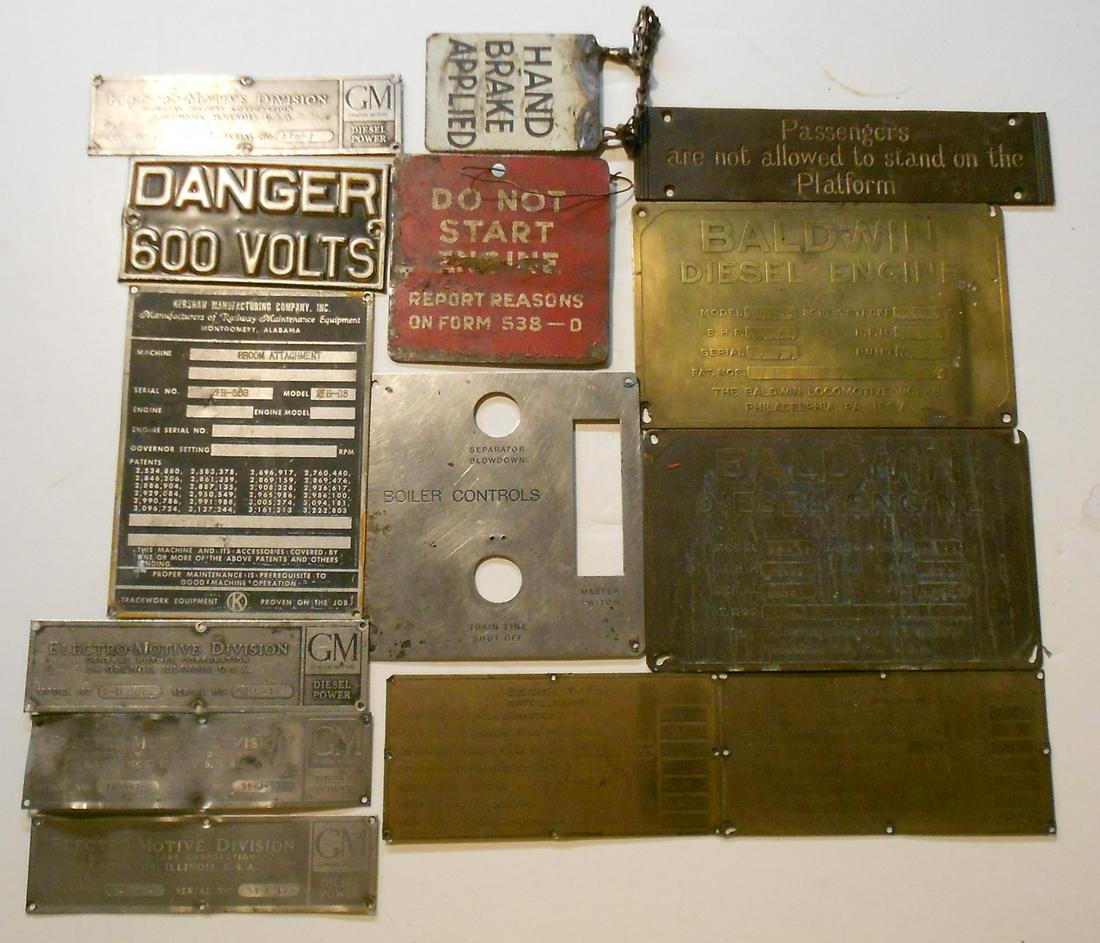 Diesel Locomotive Tags & Pales some with IDs: An unusual group of metal plates and tags that were liberated from various diesel locomotives many years ago. Some have IDs from old roads like Wabash, EL, etc.