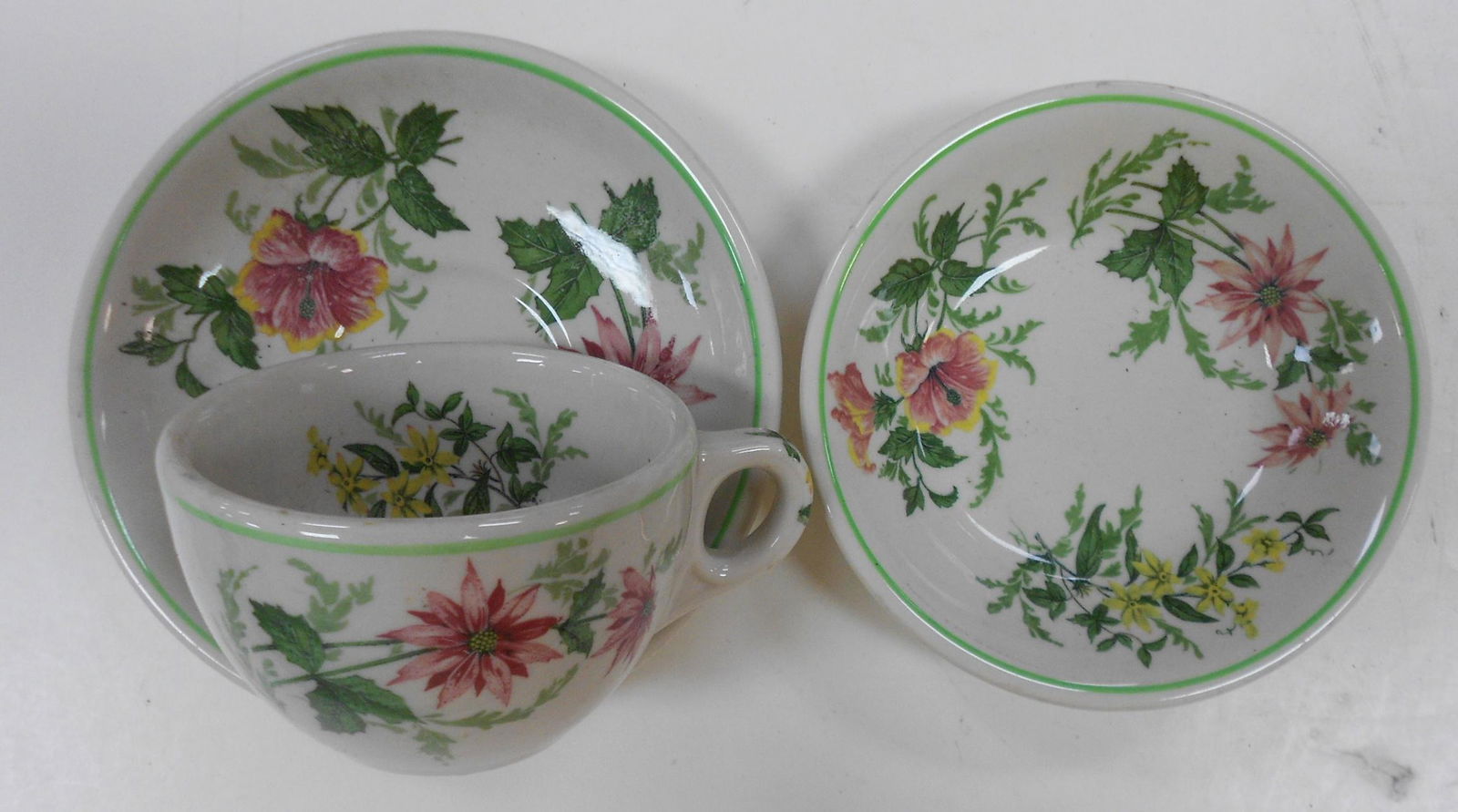 Atlantic Coast Line China Cup & Saucer + Dish: China from the Atlantic Coast Line Railroad in their "Flora of the South" pattern. A cup and saucer set and an additional 5" round dish. All have the Buffalo china backstamp with full railroad name.