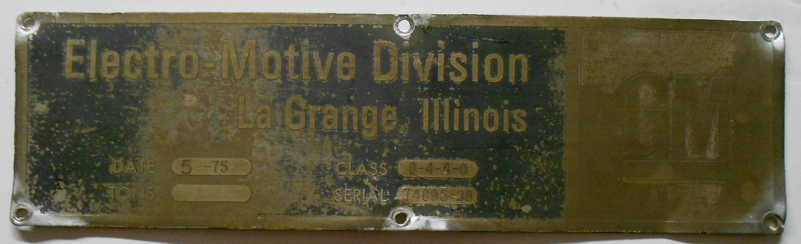 EMD Builder's Plate B&O GP40-2 #74695-28: A General Motors (Electro Motive Division) diesel locomotive builder's plate from Baltimore & Ohio Railroad locomotive 4212. This is EMD serial number 74695-28. The condition is fair to good showing w