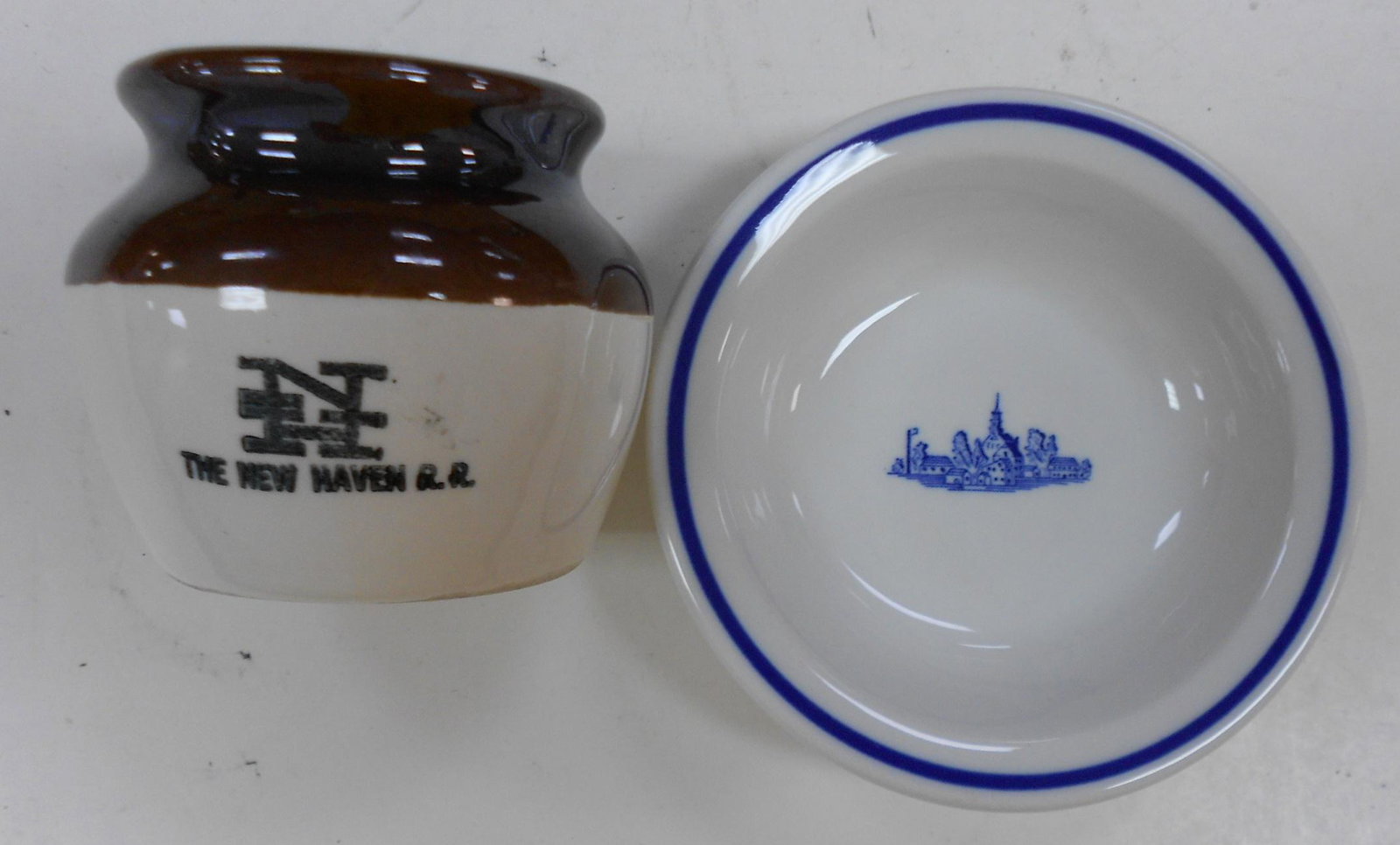 New Haven China: Bean Pot, Old Saybrook: A pair of china pieces from the New York New Haven & Hartford Railroad (1) bean pot, yes they did just use a rubber stamp to mark these pieces (2) small "Old Saybrook" bowl with 5" diameter.