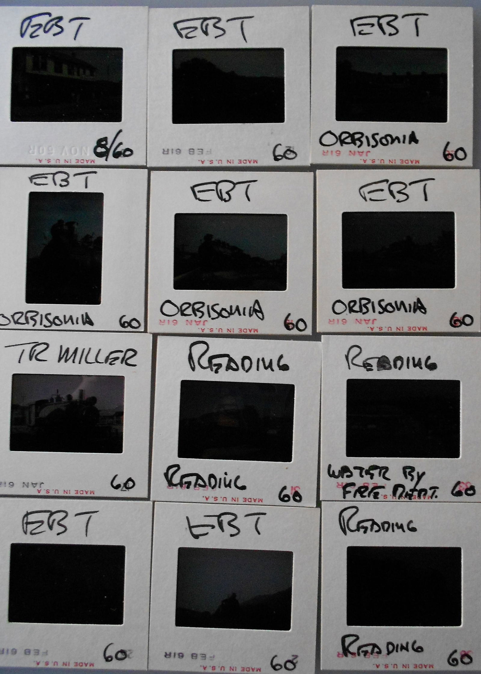 Alan Thomas Slides - East Broad Top 1960: From the Alan Thomas collection 2 boxes of slides from 1960 at the East Broad Top in Pennsylvania. An interesting narrow gauge railroad. Also included are some T. R. Miller and Reading T1 steam.