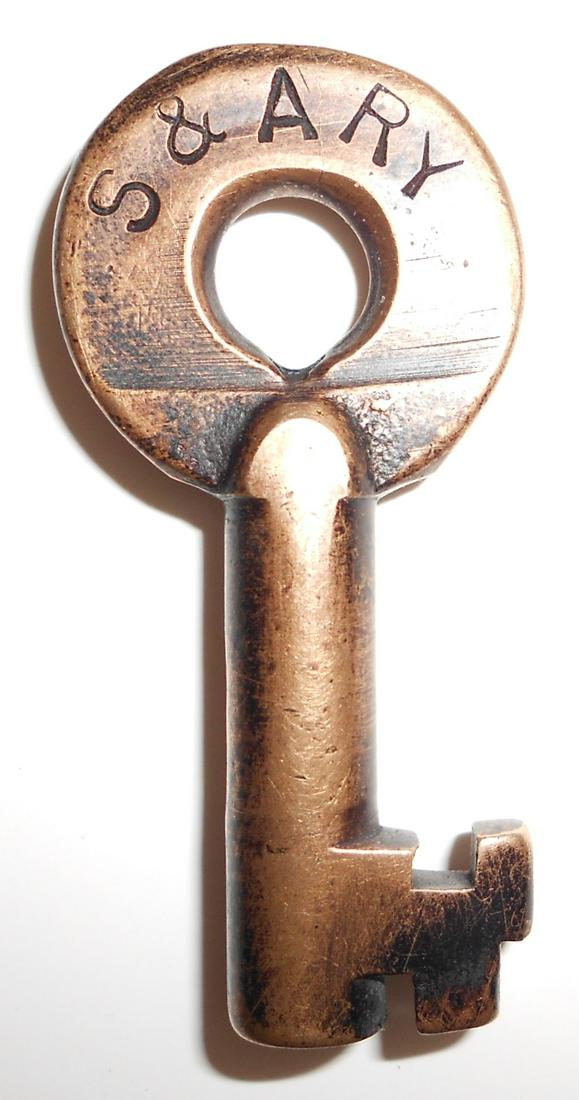 S&A RY Switch Key (Savannah & Atlanta?): An Adlake switch key with S&A RY stamped on the front with 158 showing lots of wear and an ADLAKE hallmark on the reverse. I think it's Savannah & Atlanta.