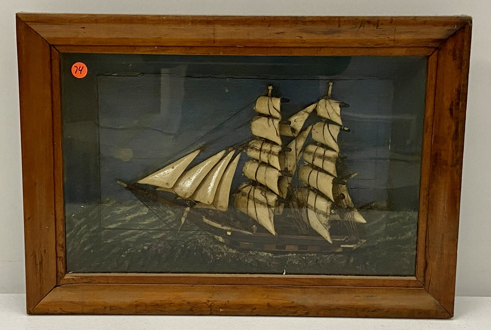 Ship Diorama: Early Ship Diorama in shadow box frame, Well framed, under glass, 11" x 17.5"