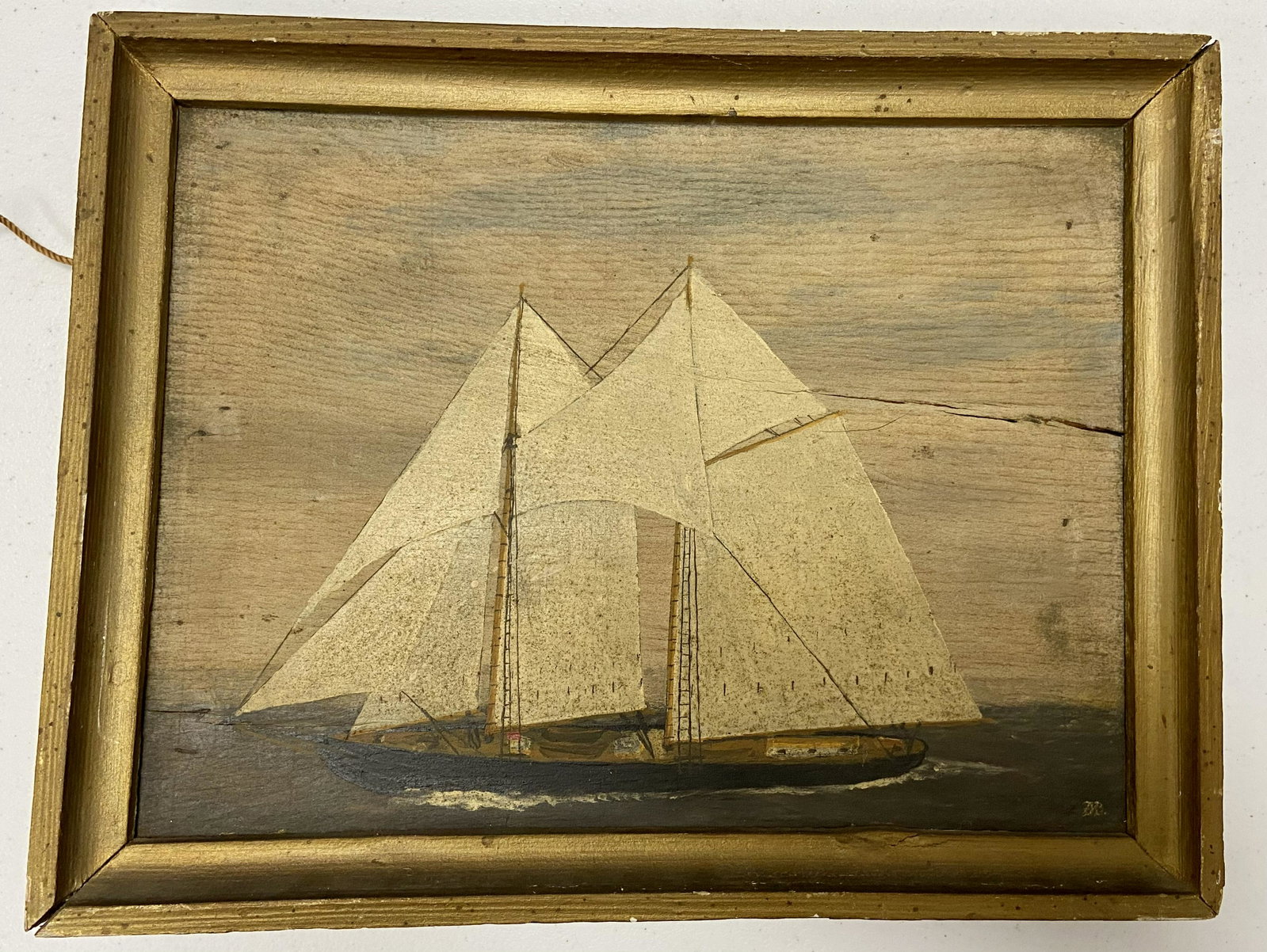 Folk Art Painting, signed w/initials: Folk Art painting of a Ship on wood, (wood has a crack, and is twisted, very folky), signed w/initials, 12"h. X 15"