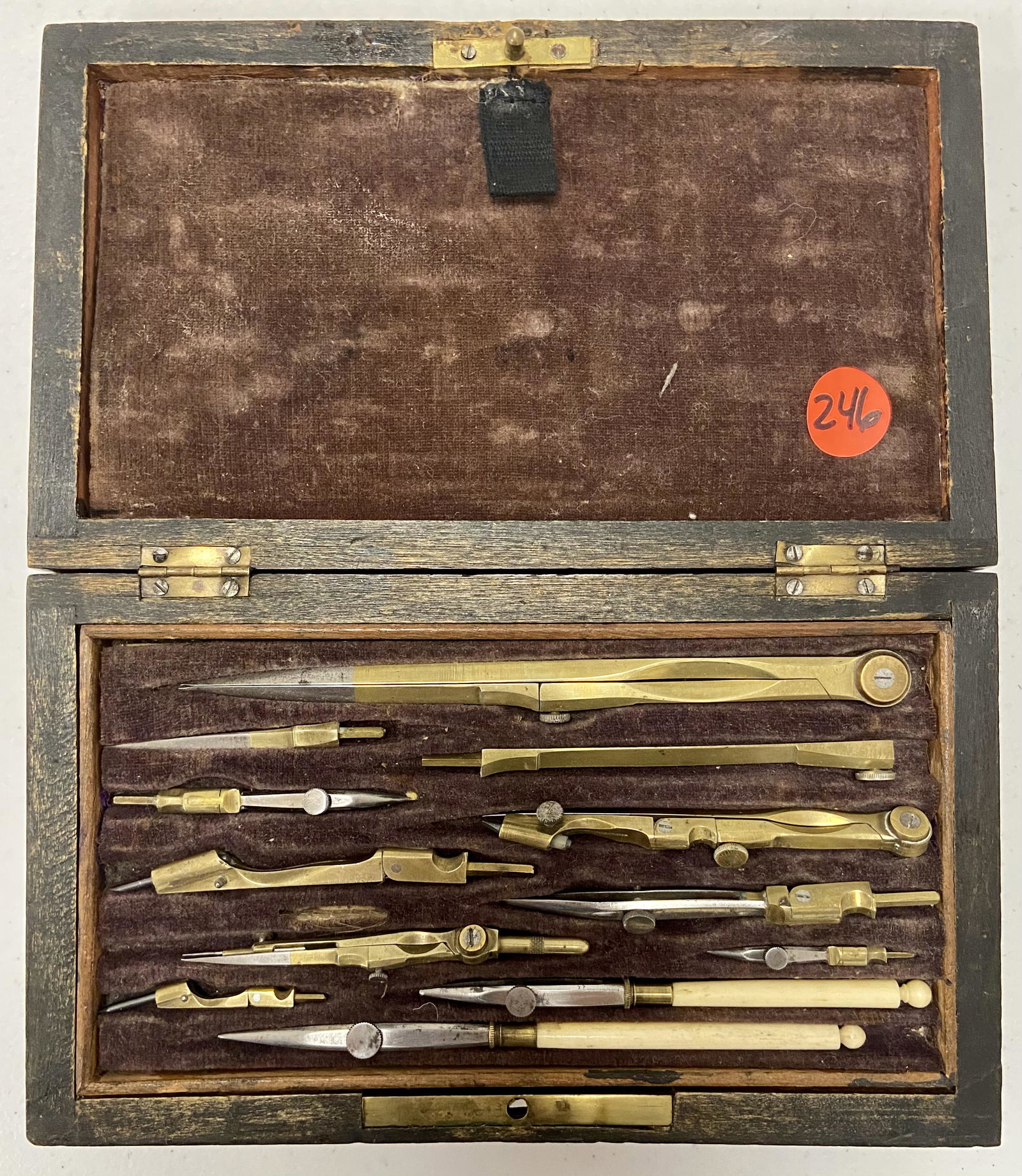 Early Drafting set in case + Folding rules: Early Drafting set, in case, plus 3 (bone), Folding Rules, 1 marked J. Archbutte & Son, 2 (bone) Folding rules, 1 Stanley