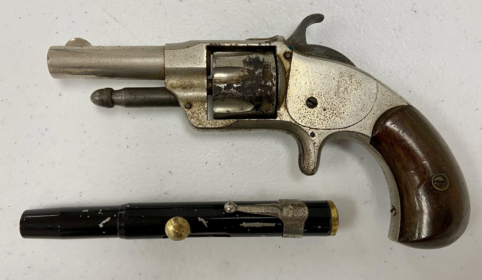 Early Pen Gun, & Early Revolver: Early pen gun, Parker?, Used w/tear gas, also holds a 38 cal. slug, pat. April 15, 1875, Early Revolver