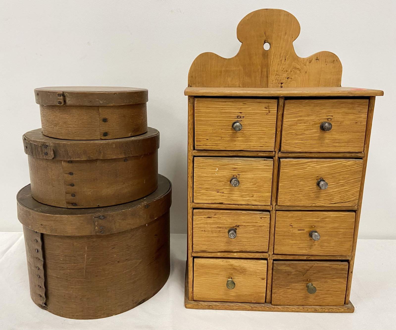 Spice cabinet and Pantry Boxes: 8 Draw Spice Cabinet 17"h x 9.75"w, 3 Pantry Boxes (6"hx9.5"d, 3.5"x8"d, 2.5"h x 6.5"d