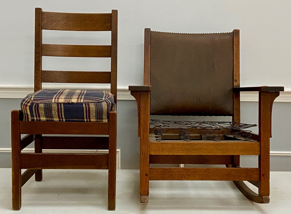 Two L&JG Stickley chairs: Two signed Stickley chairs, 1 Armed Rocker, missing cushion,
