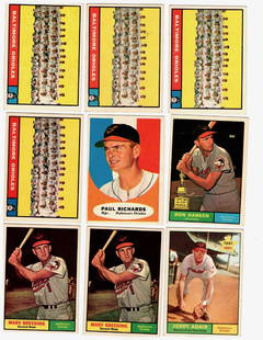 41 1961 Topps Baseball cards: 1961 Four # 159 B.O. Team,131 Paul Richards, Three 71 Jerry Adair, Two 321 Marv Breeding,Two 62 Al Pilarcik, Two 428 Ray Barker, Two 515 Jackie Brandt, 102 Gene Stephens, Two 62 Al Pilarcik, Four 182