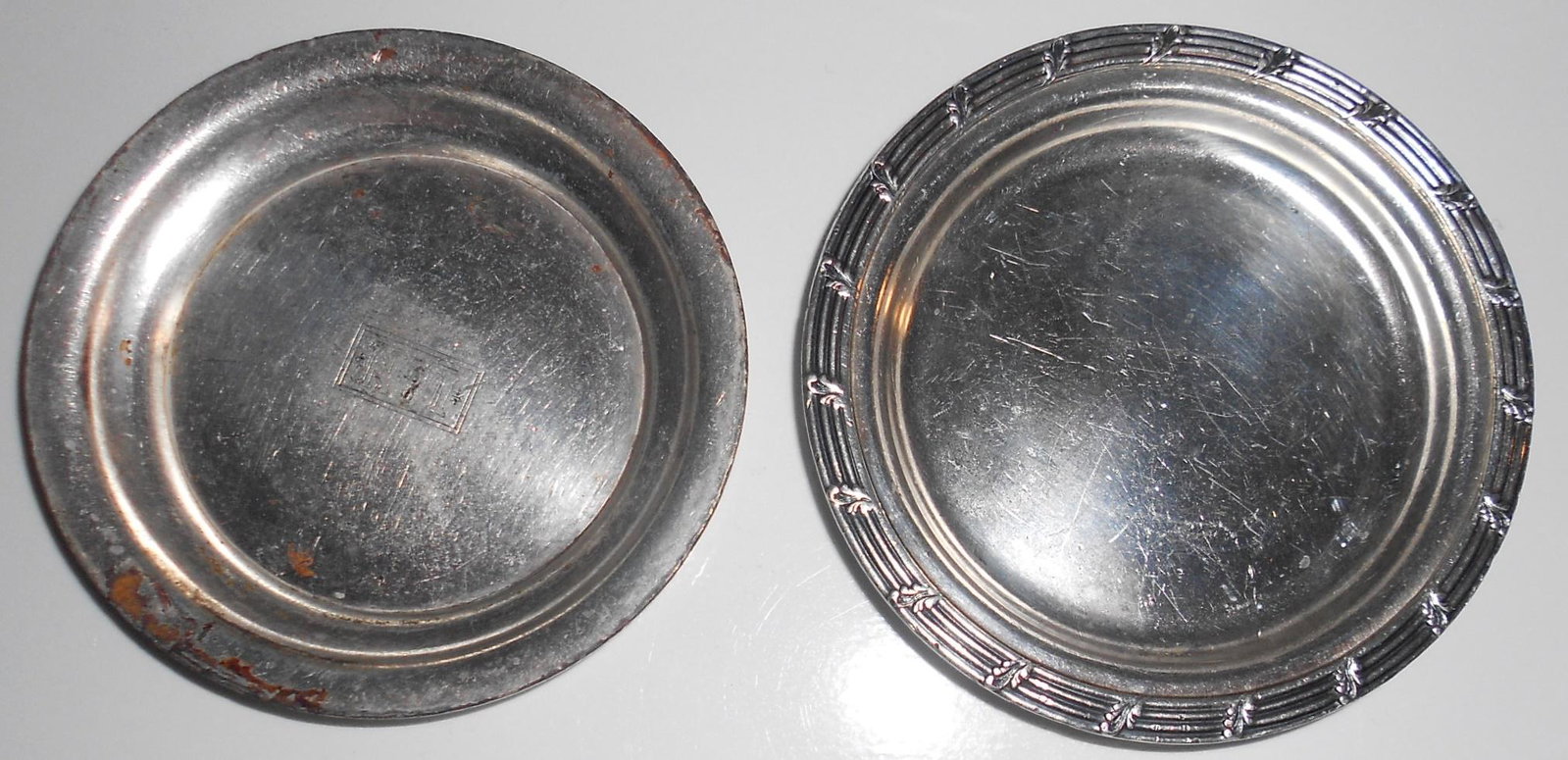 2 Silverplated Butter Pats: L&N, Rock Island: A pair of silver plated butter pats: (1) Louisville & Nashville with top "L&N" logo is 3 1/4" in diameter made by International; Silver in 1946 - must be a post WWII order. Real edge wear and logo is 