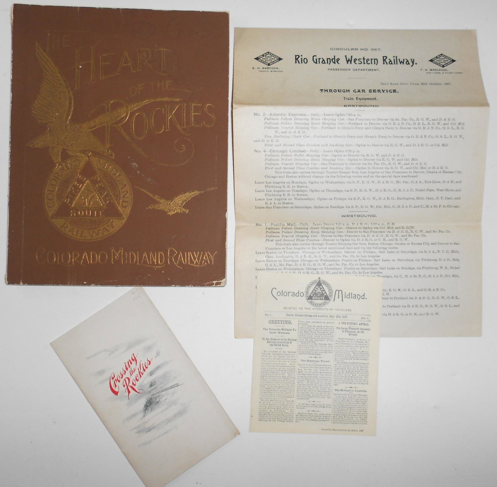Colorado Narrow Gauge Folders and Paper: Narrow Gauge Colorado items: 1890 - Heart of the Rockies, Crossing the Rockies 1900 RGW, Colorado Midland 1887 Flier, RGW 1897 Through Car Service
