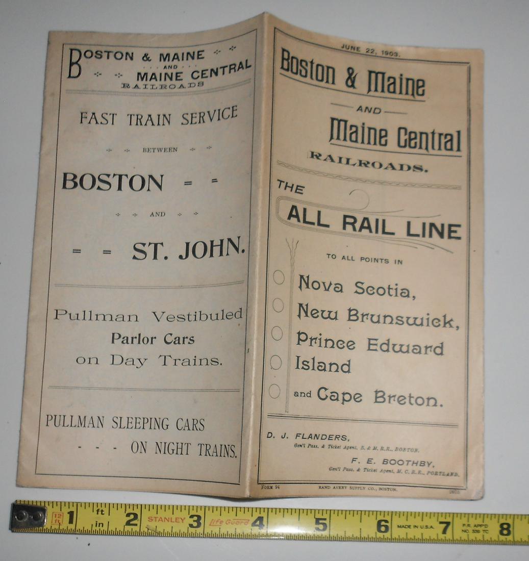 1903 Boston & Maine / MEC Through Timetable: Unusual 1903 joint public timetable for the Boston & Maine and Maine Central Railroads. Basically Canadian Maritimes connections. - 12 panel folder with large map on one side and schedules to NB, NS l