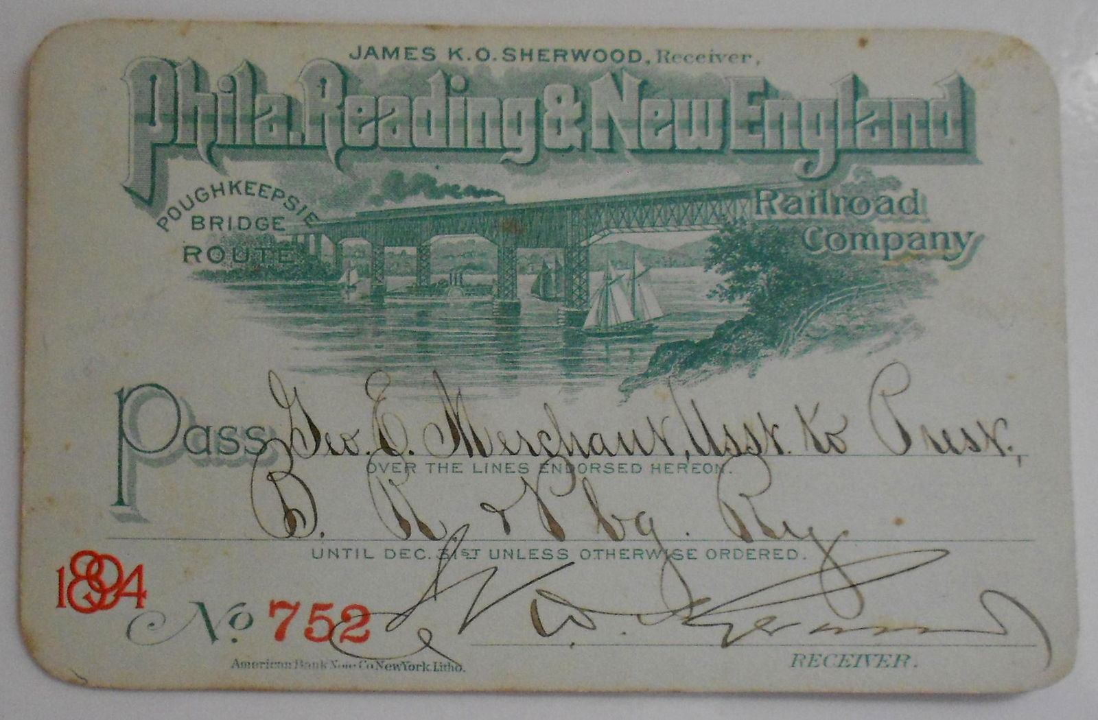 Phila Reading & New England Annual Pass 1894 (1 of 2)