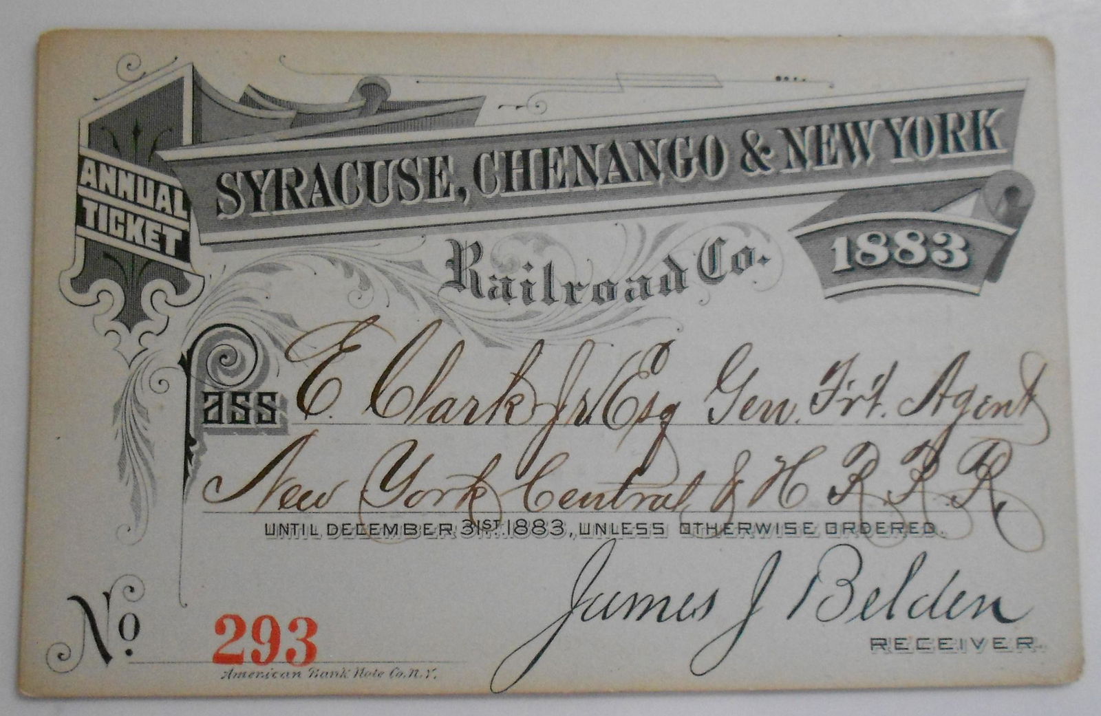 Syracuse Chenango & NY Railroad Pass 1883 (1 of 2)
