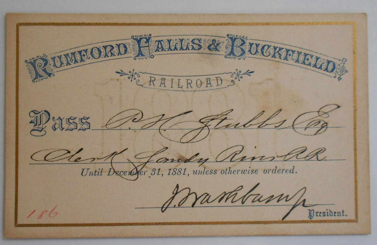 Rumford Falls & Buckfield Annual Pass 1881 (1 of 2)
