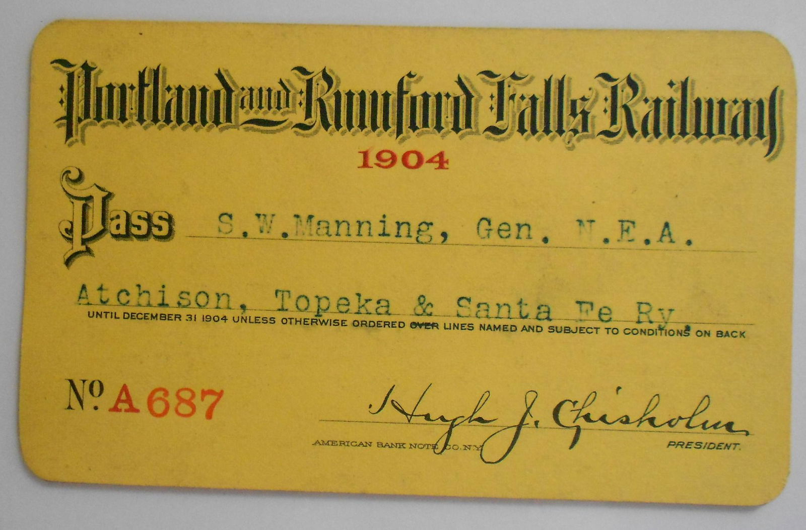 Portland & Rumford Falls Annual Pass 1904 (1 of 2)