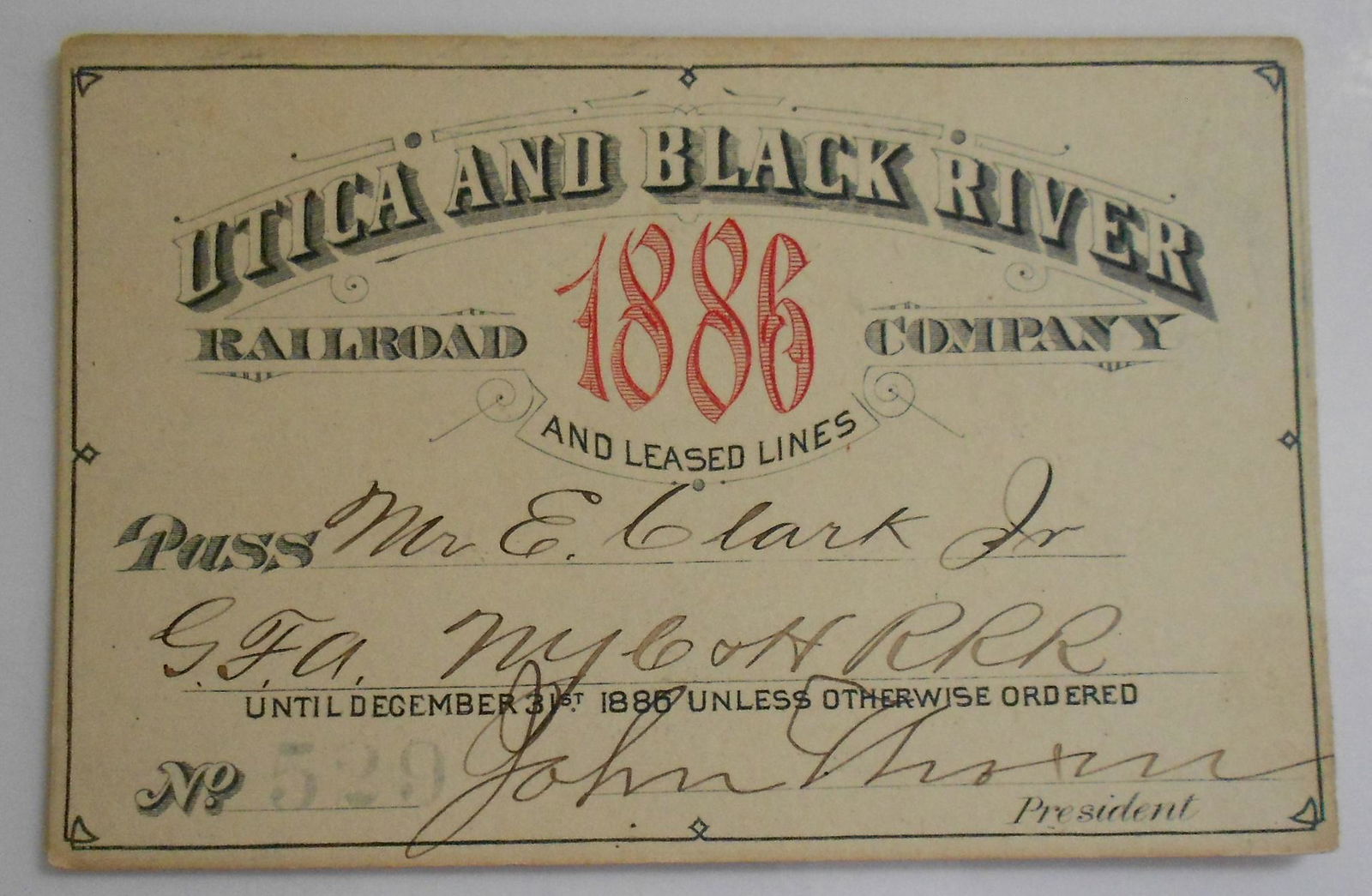 Utica & Black River Railroad 1886 Annual Pass (1 of 2)