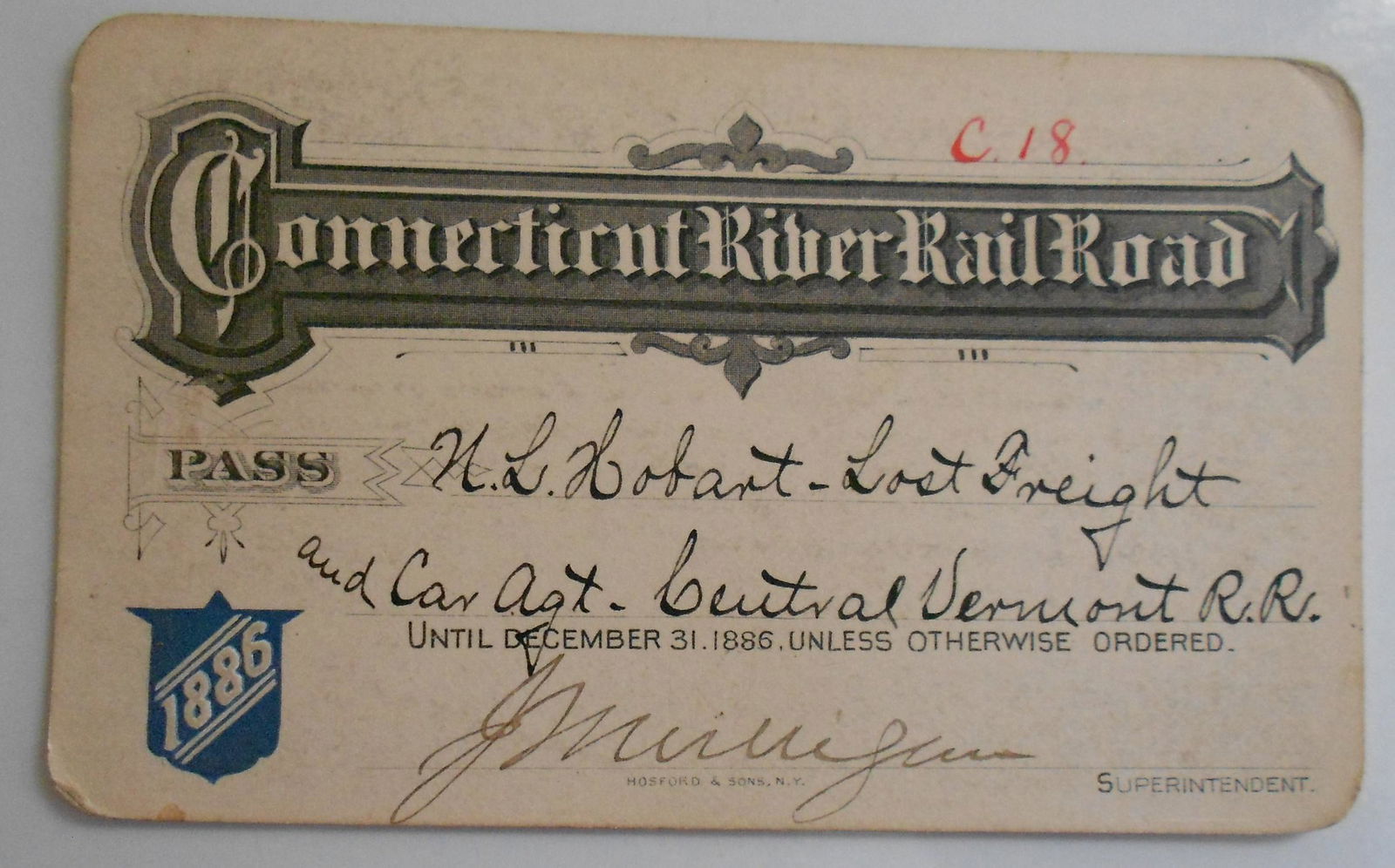 Connecticut River Railroad Annual Pass 1886 (1 of 2)