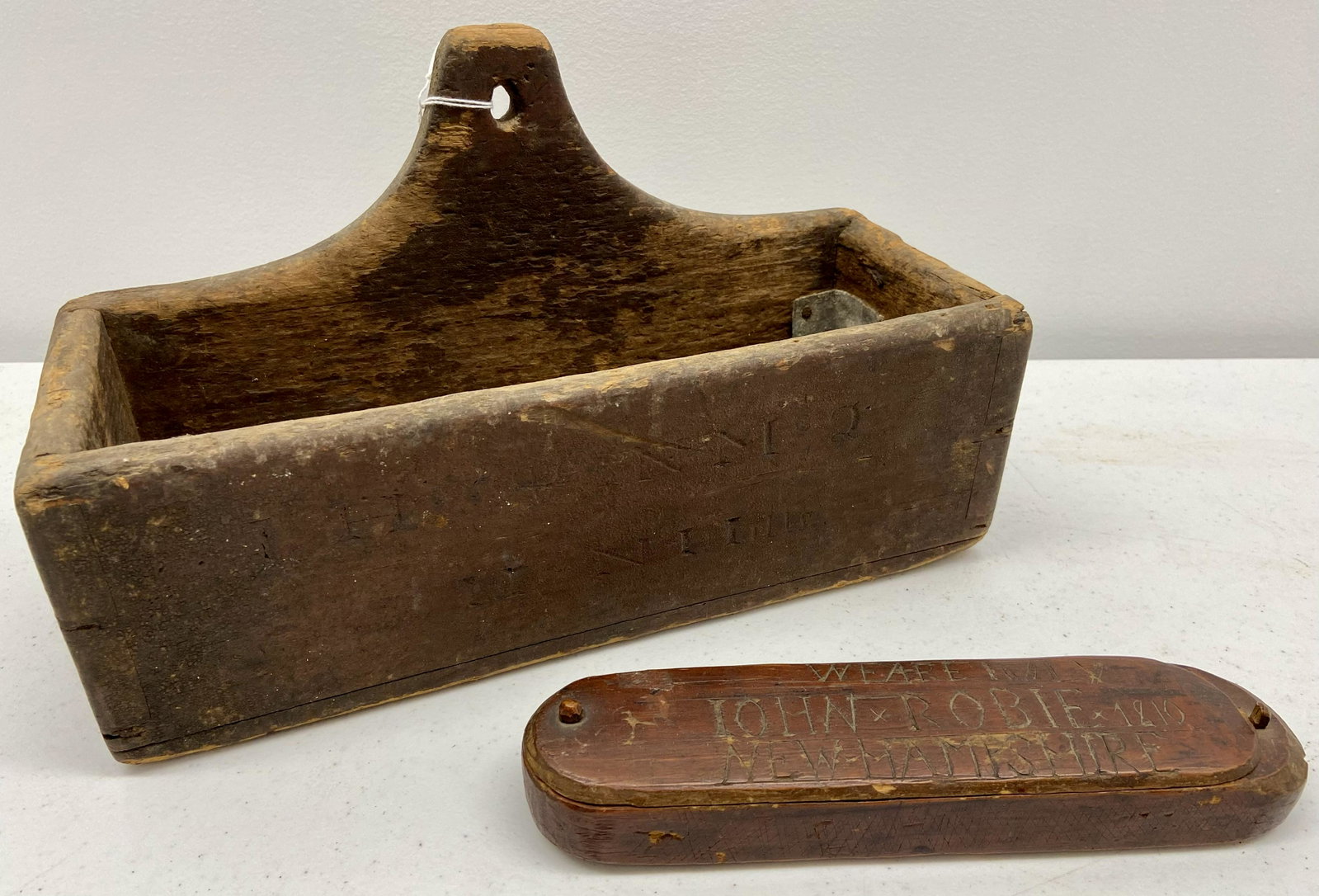 Really Nice Primitive Wood boxes: 2 Primitive wood boxes, 1. letter hanging box, w/some paint, Pencil box marked, Weare, NH John Robbie, 1810, good condition