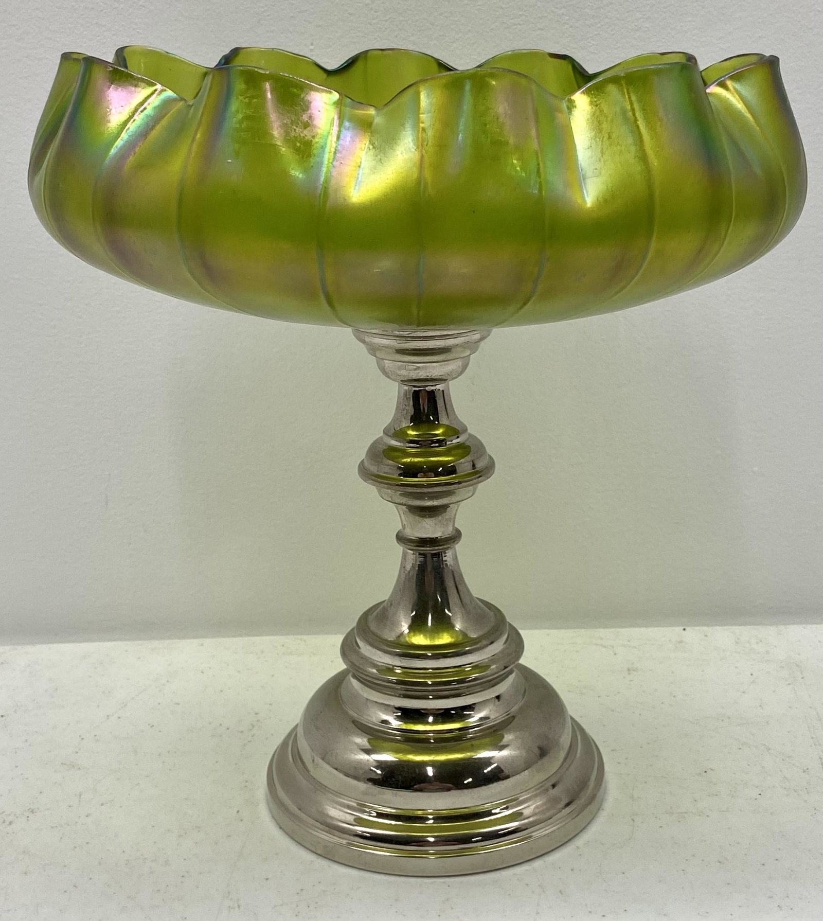 Art Glass Footed Bowl: Wonderful Art Glass Footed Bowl With Metal Base, Loetz Style 11" Tall 10" Wide