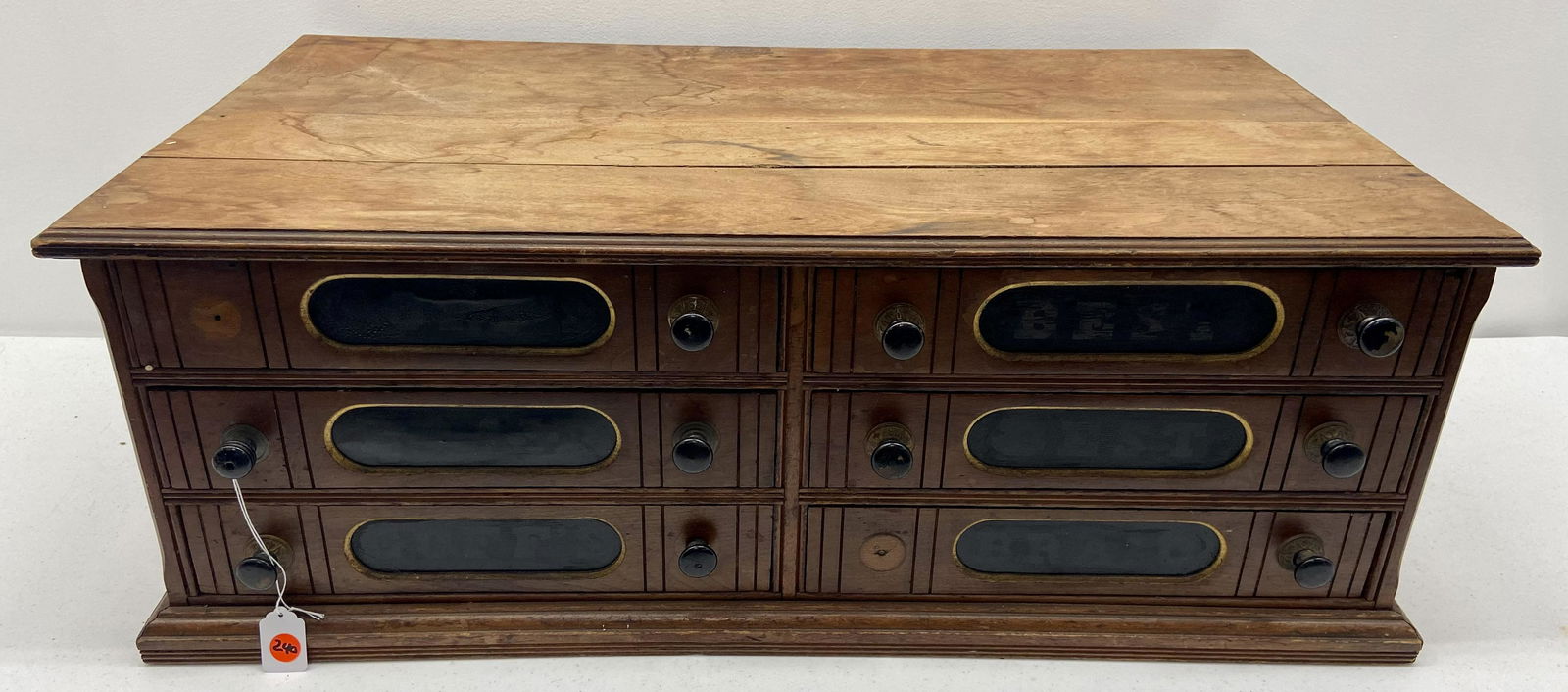 Spool cabinet: Six drawer spool cabinet, "Goffs Braid Best Made, written w/gold lettering on back, 2 knobs missing, 32.5" x 17" x 12"