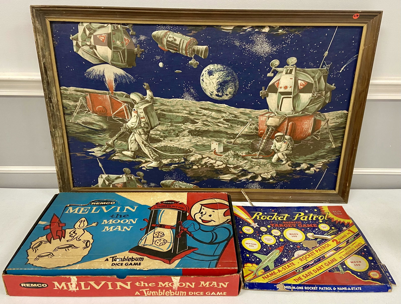 Vintage Space Related Toys: Rocket Patrol Magnetic Target Game, Melvin The Moon Man Dice Game, Original Boxes, Vintage Moon Landing Space Tapestry 3D.