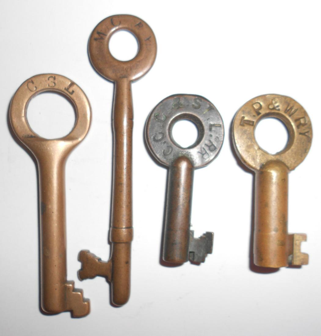 4 Brass Railroad Keys: CSL, MC, Big 4, TP&W (1 of 2)
