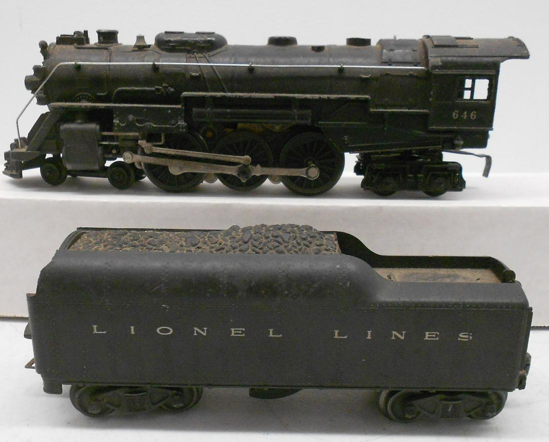 Lionel 027 6-4-6 #646 Steam Locomotive, 2046W: Lionel 027 646 steam locomotive with whistle tender: 2046W. New York Central style "Hudson" engine with water scoop on tender. No box, untested.