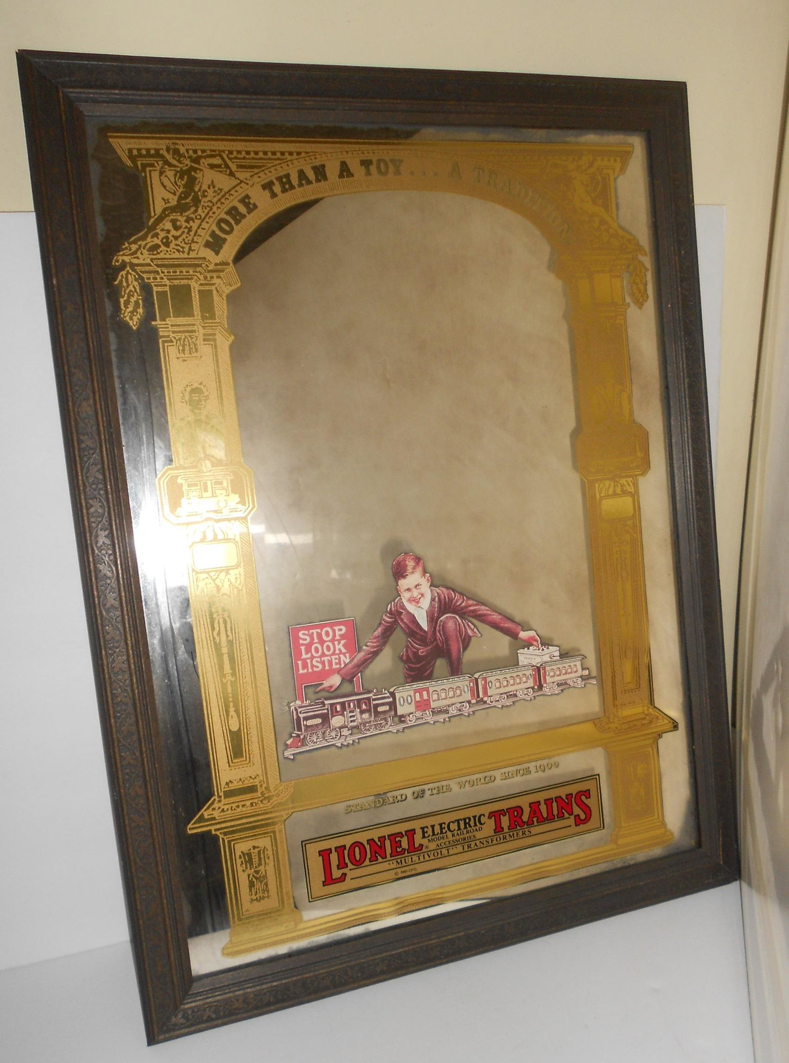 Lionel Advertising Mirror from 1981: In 1981 Lionel issued this advertising mirror. It measures 19" by 24". Wooden frame with wire for hanging.