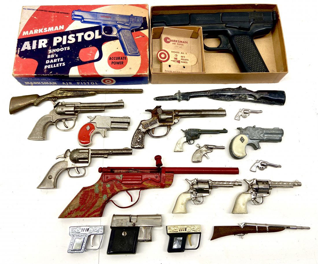Vintage Toy Pistols, Cap Guns, Lighters: Vintage Pistol Lighters, Toy Cap Guns Etc. Marksman Air Pistol In Box.