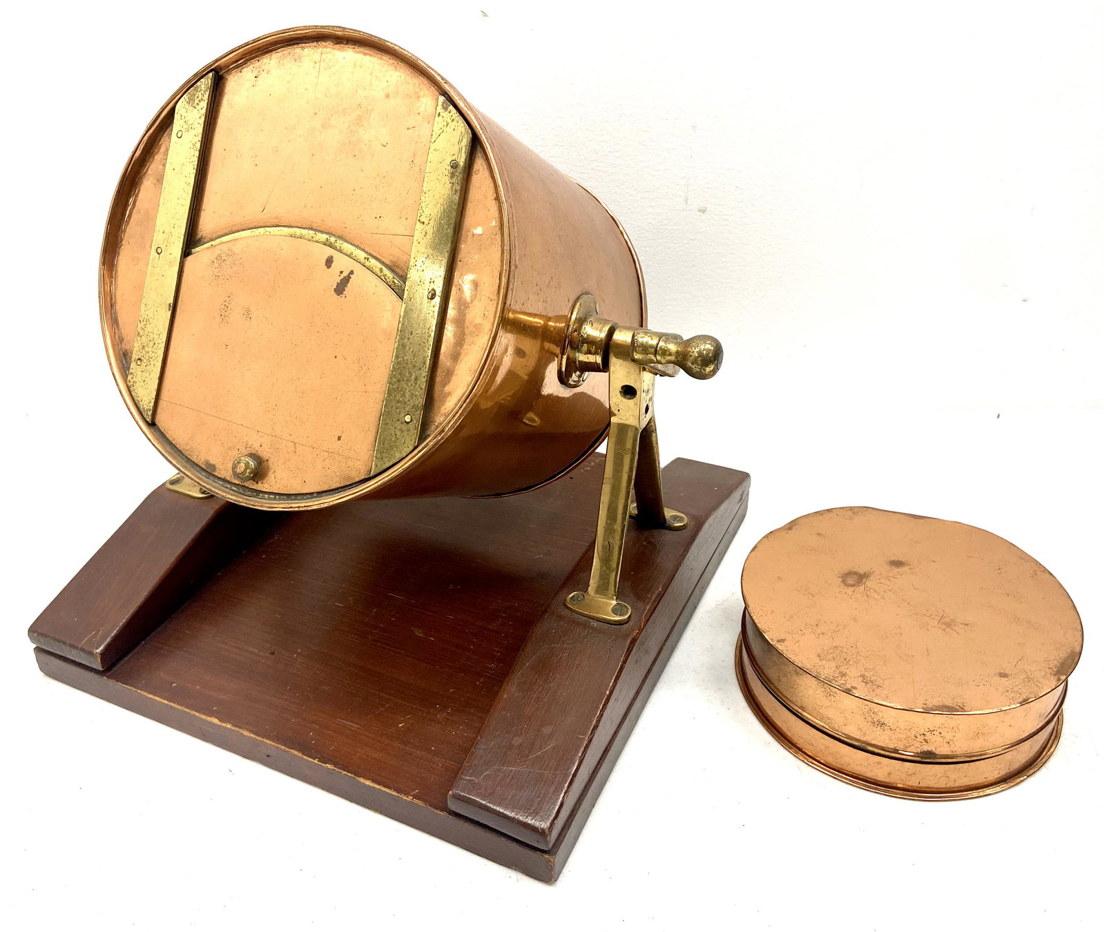 Arts and Crafts Copper Bingo Game: Very Well Made Arts and Crafts Copper Bingo Tumbler Mounted on Wood Base, Copper Canister For Bingo Chips.