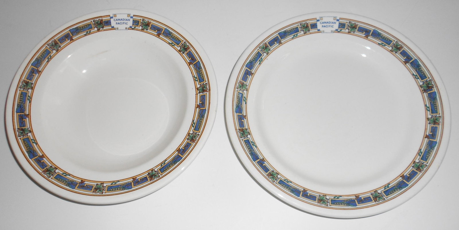 Canadian Pacific RY China Plate & Soup: Canadian Pacific Railway China, 2 pieces, both made by Ridgway: (1) dinner plate is 9 3/4" (2) 9 1/4" shallow bowl with rimmed edge