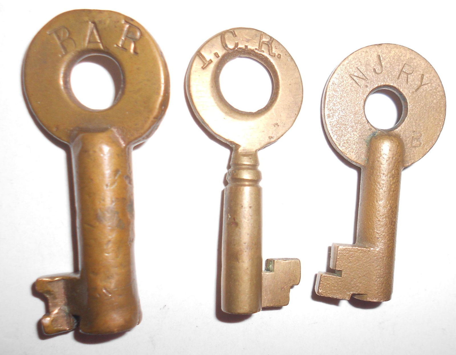 3 Brass Railroad Switch Keys: BAR, ICR, NJ (1 of 2)