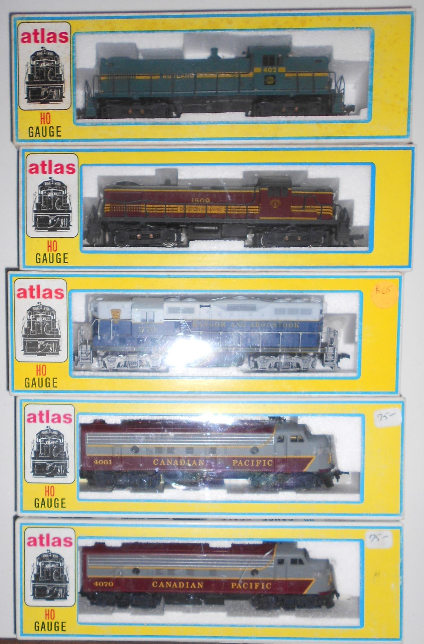 HO Sale 5 Atlas Classic (DC) Diesel Locos: CP, Rut, B&M: HO Scale 5 Atlas "classic" diesel locomotives: pair of CP FP-7s, BAR GP-7, B&M RS-3, Rutland RS-1.