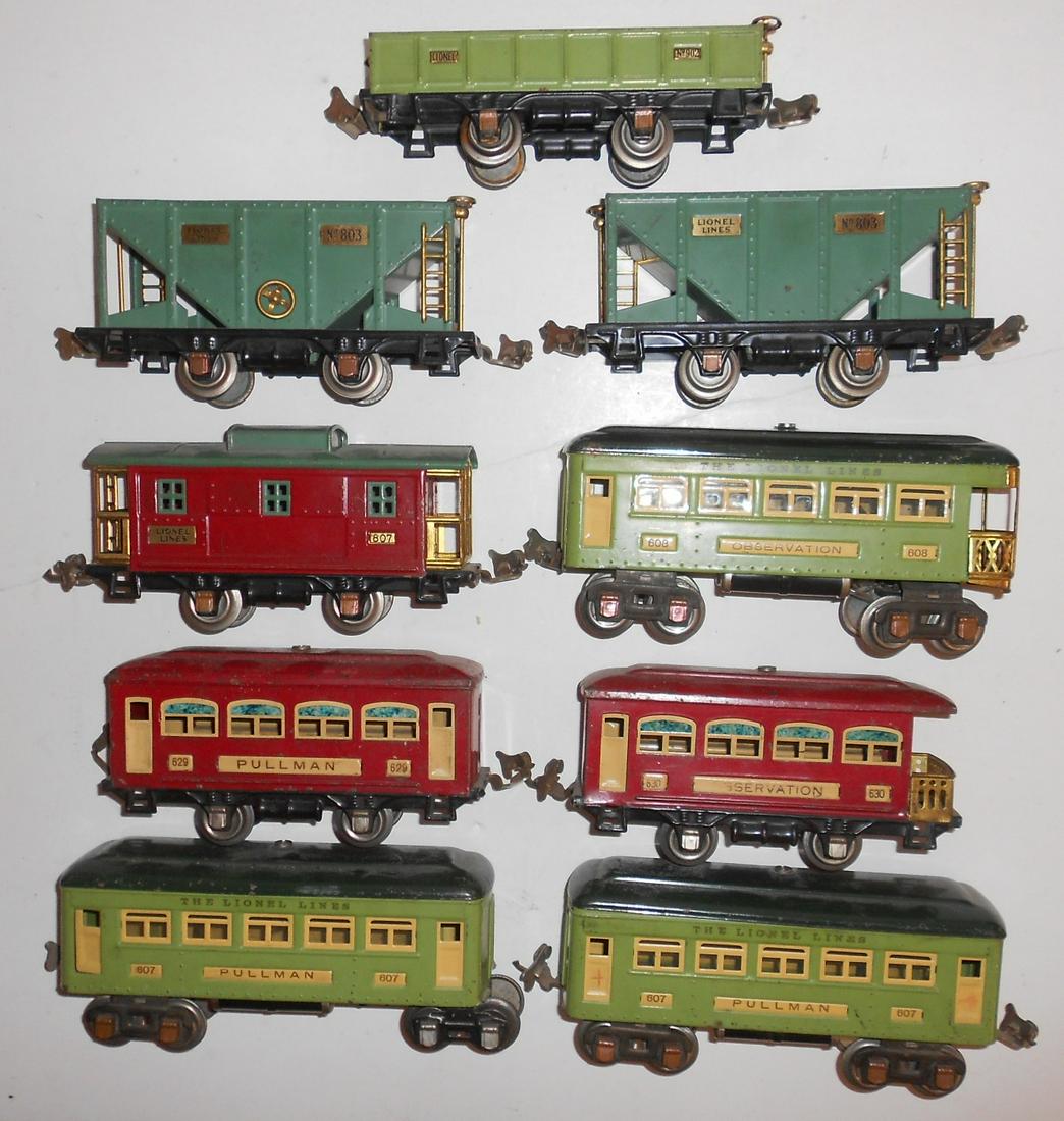 Lionel Older Tinplate Cars (9): Lionel older tin plated cars: 407, 803, 607, 608, 807, 629, 630. 2 duplicates.