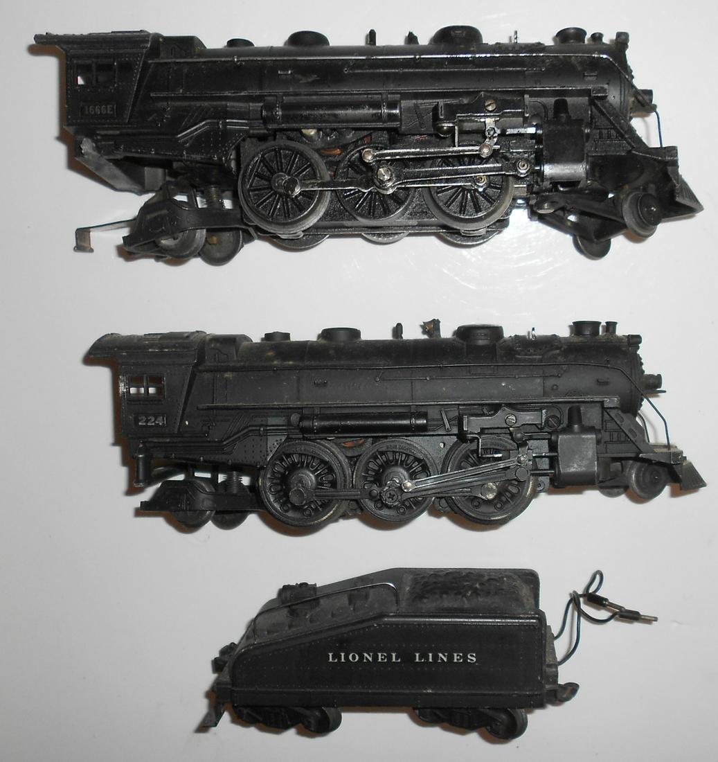 Lionel Steam: 1666E, 224, 6043B: Lionel 3 steam locomotive parts: 1666E - 2-6-2 locomotive, 224 - 2-6-2 steam locomotive, 6043 Bell Tender. Locomotive show more wear than the tender.