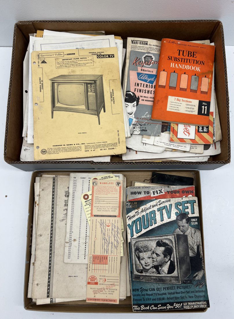 Television and Radio Service Ephemera: Large Lot Of Vintage Television and Radio Related Service Ephemera TV And Radio Repair Manuals Parts and Accessories Catalogs, Wiring Diagrams, Handbooks, Schematics.