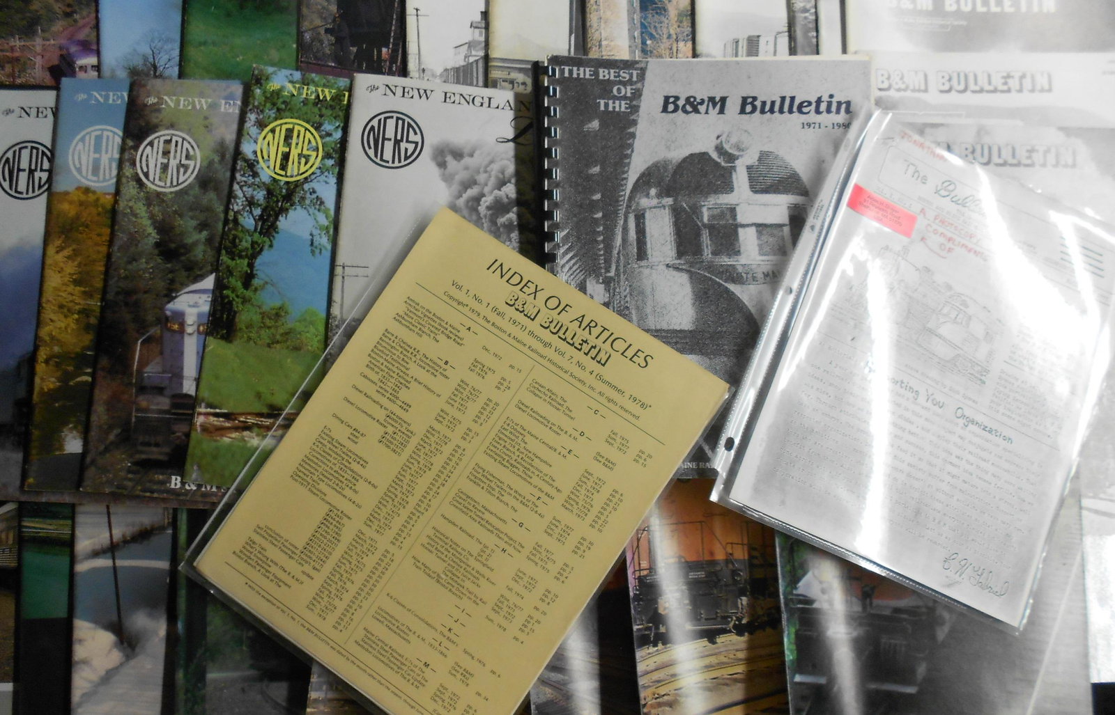 B&M Bulletins, NERS Magazines about 45: A large group of Boston & Maine Bulletins that includes an old index and has Volume #1, #1 (these were photocopied. Also a few New Haven Shoreliners and the bound "Best of B&M Bulletin" book. Some Sho