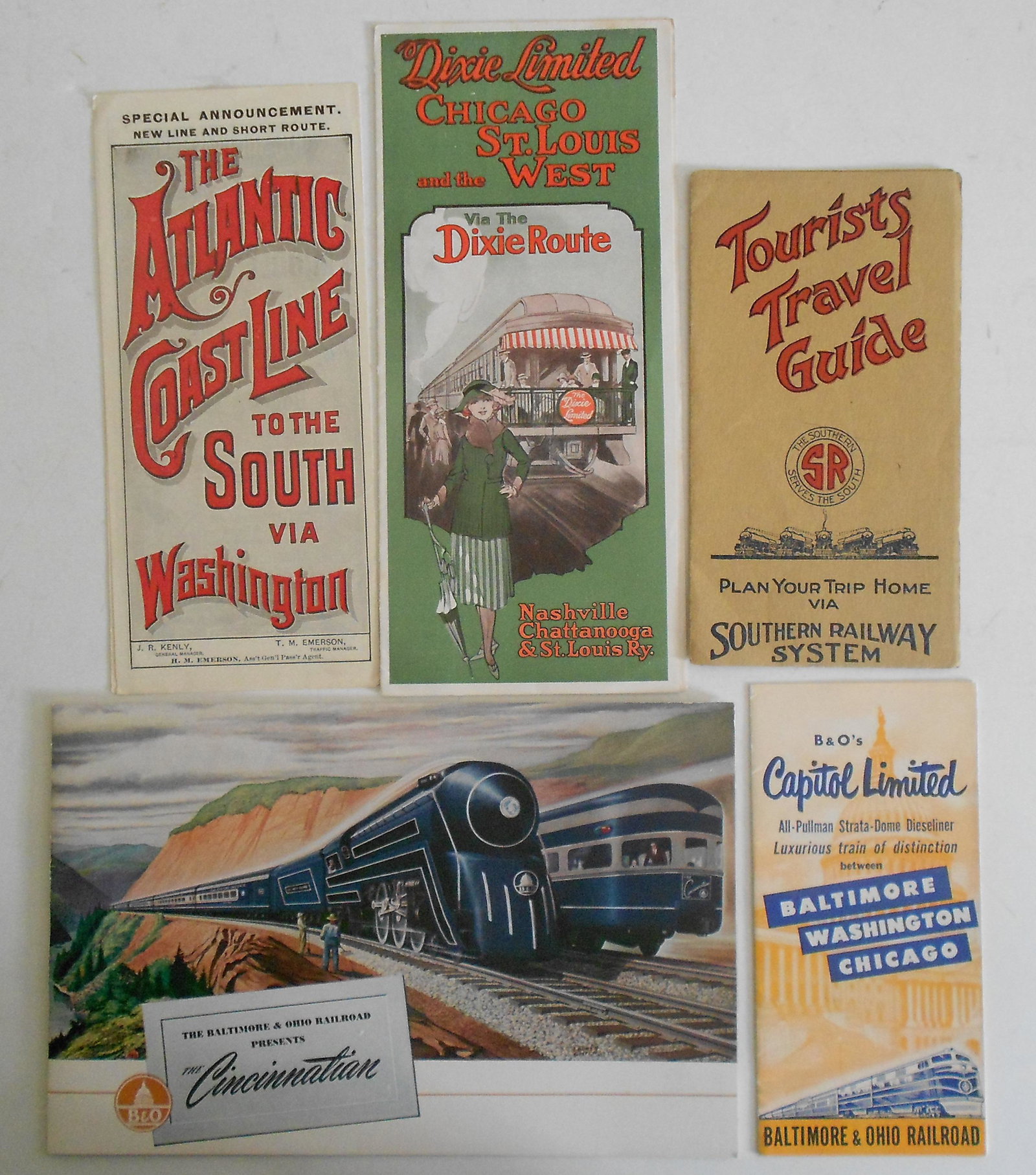Southern Travel Folders: ACL, Sou, Dixie Limited: 5 travel folders from the South: 1894 Atlantic Coast Line "new service", 1928 Dixie Limited, Southern Railway services, 2 Baltimore & Ohio name train.