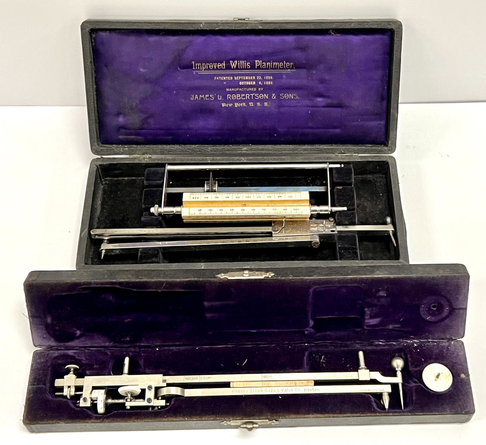 Two Planimeters Improved Willis by James Robertson & Sons, Crosby Steam Gage & Valve Co, in org: Two Planimeters Improved Willis by James Robertson & Sons, Crosby Steam Gage & Valve Co, in org boxes