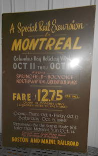 Boston & Maine 1956 Montreal Excursion Poster - Conn River Line: The Boston & Maine Railroad made many unique in-house posters for various events. This 28" by 44" hand painted poster is for an excursion Columbus Day Weekend in 1956 for reduced fare travel from